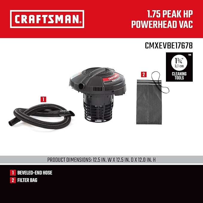 CRAFTSMAN CMXEVBE17678 1.75 Peak HP Wet Dry Vac Powerhead, Portable Shop Vacuum Compatible with a 5 Gallon Bucket (Sold Separately) with Filter Bag and Hose for Jobsite, Outdoor Cleaning