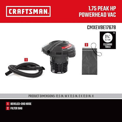 CRAFTSMAN CMXEVBE17678 1.75 Peak HP Wet Dry Vac Powerhead, Portable Shop Vacuum Compatible with a 5 Gallon Bucket (Sold Separately) with Filter Bag and Hose for Jobsite, Outdoor Cleaning