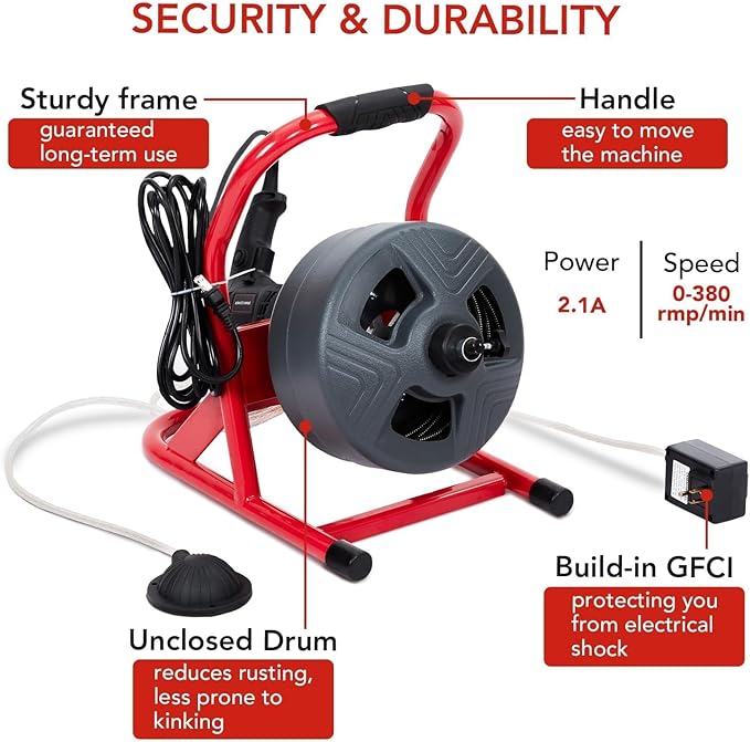 PIONEERWORKS 50Ft x 5/16 Inch Drain Cleaner Machine, Electric Drain Auger Professional for 3/4 to 3 Inch Pipes, Foot Switch with 6 Cutters, Glove, Drain Auger Cleaner Sewer Snake - DA04