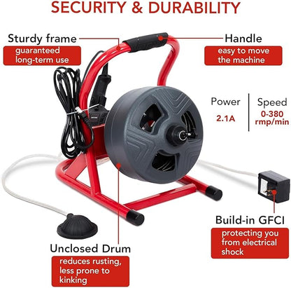 PIONEERWORKS 50Ft x 5/16 Inch Drain Cleaner Machine, Electric Drain Auger Professional for 3/4 to 3 Inch Pipes, Foot Switch with 6 Cutters, Glove, Drain Auger Cleaner Sewer Snake - DA04
