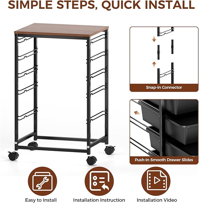 SYKIARIOL 5-Tier Rolling Utility Storage Drawer Craft Cart on Wheels with Wooden Tabletop, Mobile Craft Storage Drawer Cart Trolley for Home Office, Classroom, Craft Room & Kid Room, Black
