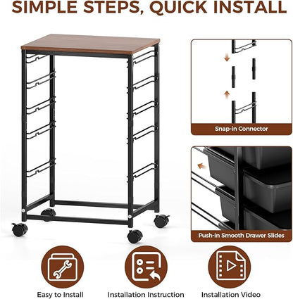 SYKIARIOL 5-Tier Rolling Utility Storage Drawer Craft Cart on Wheels with Wooden Tabletop, Mobile Craft Storage Drawer Cart Trolley for Home Office, Classroom, Craft Room & Kid Room, Black