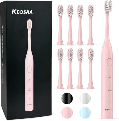 Pink Electric Toothbrush with 8 Brush Heads, Sonic Toothbrush with Fast Charge 4 Hours Last 60 Days, 2-Min & 30s Smart Timer, IPX7 Waterproof(Pink)