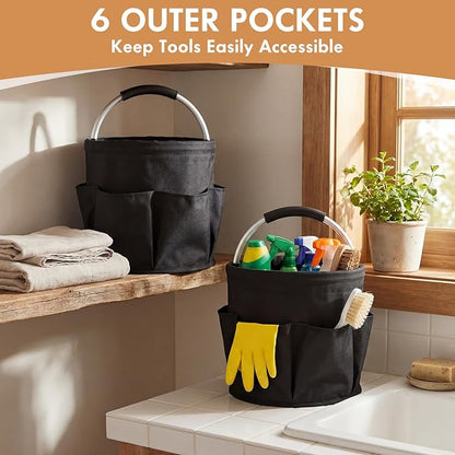 LemonRoad 4 Pack Cleaning Caddy with Handle 17L Foldable Cleaning Supplies Organizer Oxford Cloth Storage Basket with 6 Pockets & Soft Grip Portable Multi Bucket Bag for Home, Garden (Black)