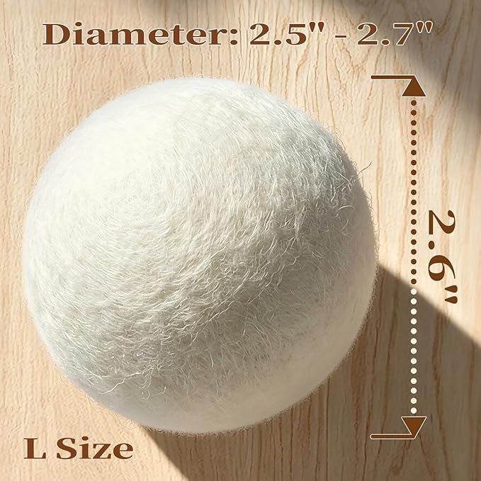 Wool Dryer Balls 6-Pack L - Natural Reusable Laundry Fabric Softener, Reduces Wrinkles & Drying Time, Hypoallergenic, Leaves Fabrics Naturally Soft and Fluffy