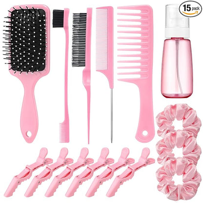 15 Pcs Slick Back Hair Brush Set, Bristle Hair Brush with Spray Bottle,Hair Clip,Edge Brush for Women, Men(Pink)