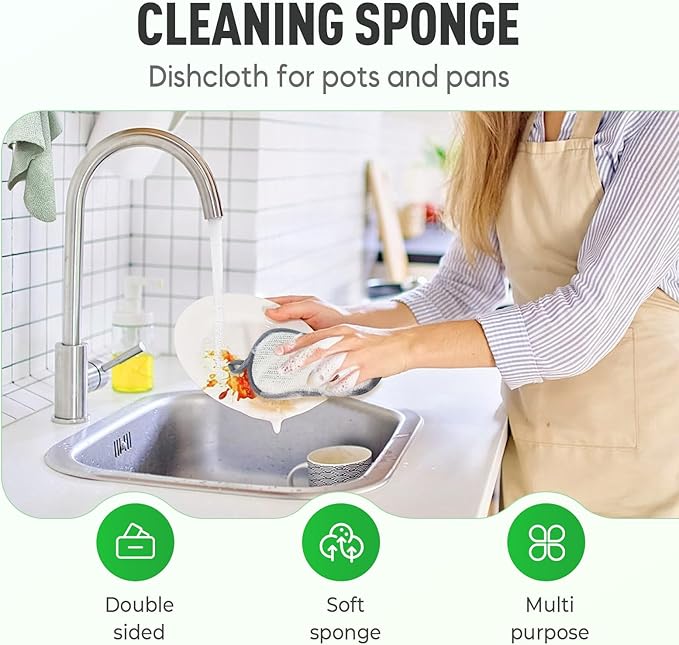 Multipurpose Cleaning Sponges, Non Scratch Double-Sided Heavy Duty Scrub Sponges, Silver Stainless Steel and Multi-Layer Fiber, Metal Scrubbing Pads Sponge Cloths for Home Kitchen (5)