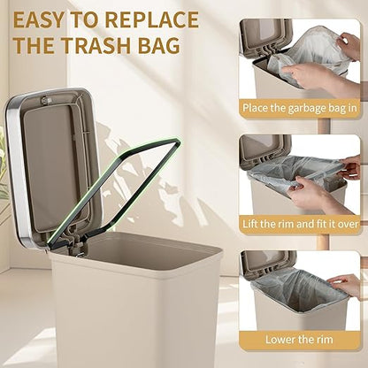 Small Bathroom Trash Can with Lid and 3 Rolls Trash Bags, Step Pedal Wastebasket Plastic Garbage Can with Pop-Up Lid 2.6 Gallon Bin for Kitchen, Bedroom, Office, Dorm, Laundry, Toilet, Rv,Khaki