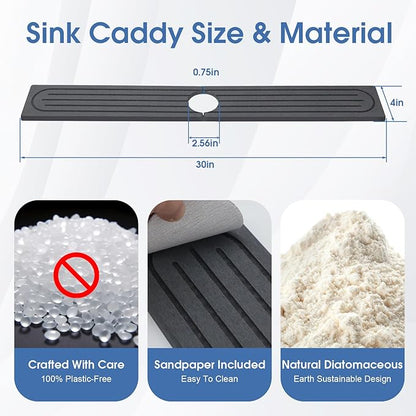 Stone Faucet Mat for Kitchen Sink with Raised Feet, Durable Diatomite Fast-Drying Stone Tray, Non-Slip Decorative Sink Protector for Kitchen Bathroom Counter, Easy Clean, Pure black, 30" x 4"
