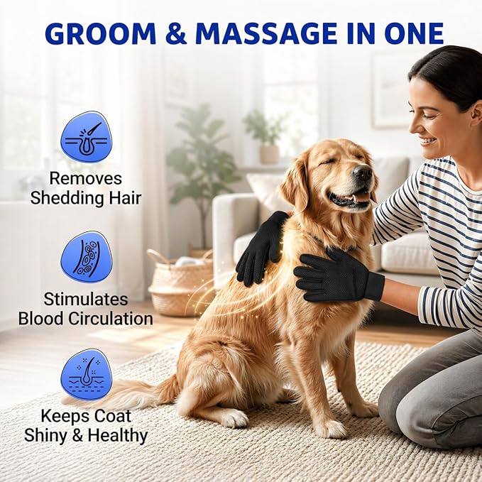 Pet Hair Remover Roller with 2 Grooming Gloves – Reusable Lint Remover for Dogs and Cats (Blue)