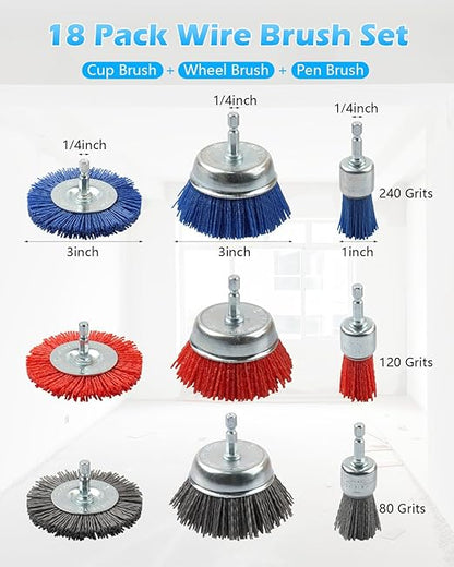 Rocaris 18 Pack Nylon Filament Abrasive Wire Brush Wheel & Cup Brush Set with 1/4 Inch Hex Shank, for Removal of Rust/Corrosion/Paint - 80 Grit, 120 Grit, 240 Grit
