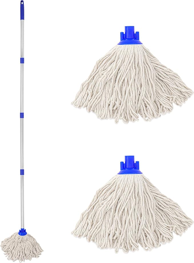 EaseYourDay Cotton Cloth Mop, 4 Section Stainless Steel Pole + Two Cotton String Mop Heads