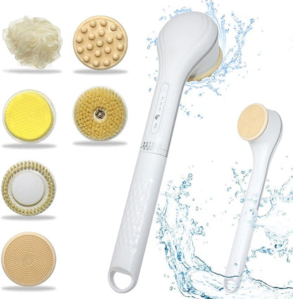 Electric Body Brush Set, Electric Body Brush for Shower, exfoliating Bath Brush with Long Handle, for Shower Lotion applicator, Back Silicone Body Scrub, with 6 Shower Brush Heads (White)