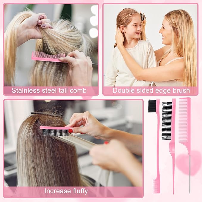 15 Pcs Slick Back Hair Brush Set, Bristle Hair Brush with Spray Bottle,Hair Clip,Edge Brush for Women, Men(Pink)
