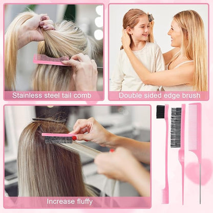 15 Pcs Slick Back Hair Brush Set, Bristle Hair Brush with Spray Bottle,Hair Clip,Edge Brush for Women, Men(Pink)