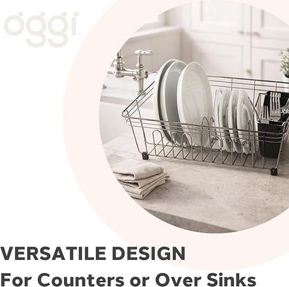 Oggi Compact Dish Drying Rack - Black Steel Drainer, Racks for Kitchen Counter, Durable Coated Steel Kitchen Dryer with Cutlery Holder