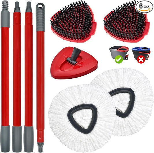 Spin Mop Handle,Mop Replace Heads,Brush and Base Compatible with O Cedar EasyWring 1 Tank,2 Microfiber Mop Refills and Brush,4-Section 30-58" Mop Handle,Mop Base Combo Set for Wet/Dry Floor Cleaning
