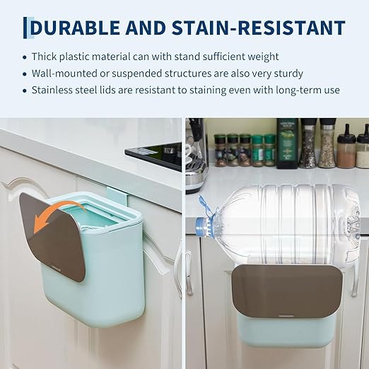 1.8 Gallon Kitchen Compost Bin for Counter Top or Under Sink, Hanging Small Trash Can with Lid for Cupboard/Bathroom/Bedroom/Office/Camping, Mountable Indoor Compost Bucket - Green
