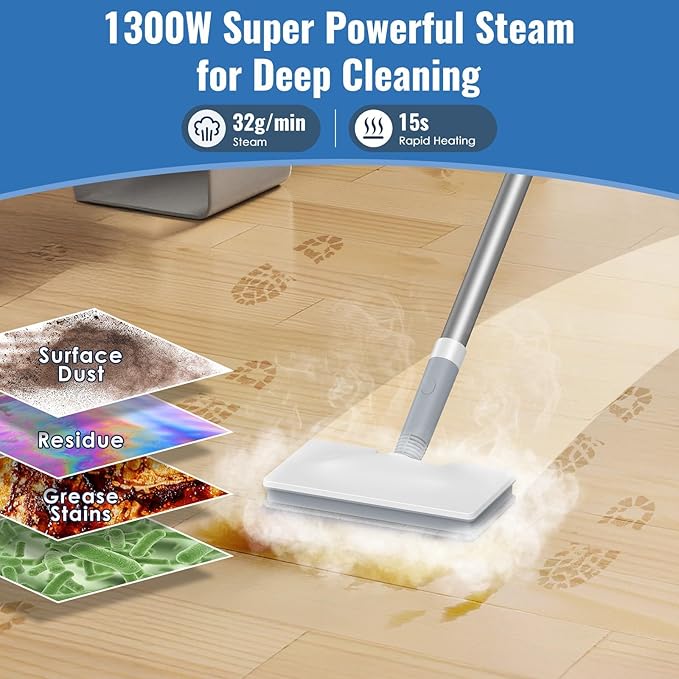 FEPPO Steam Mop & Detachable Handheld Steam Cleaner for Home and Floor Cleaning, 15s Heat-Up, 230°F Floor Steamer for Deep Cleaning with Multi-purpose Attachments Hardwood Floors, Tile,Grout,Furniture