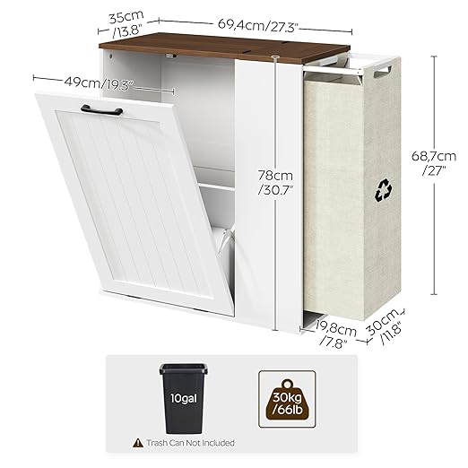 YATINEY Tilt Out Trash Can Cabinet, 10 Gallon Hidden Garbage Can Cabinet with Bottle Recycling Compartment, Wooden Recycling Cabinet Trash Can, for Kitchen, Living Room, White and Walnut WB06WH