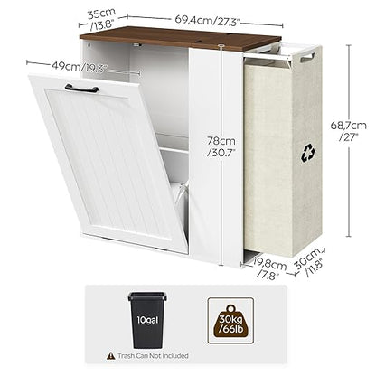 YATINEY Tilt Out Trash Can Cabinet, 10 Gallon Hidden Garbage Can Cabinet with Bottle Recycling Compartment, Wooden Recycling Cabinet Trash Can, for Kitchen, Living Room, White and Walnut WB06WH