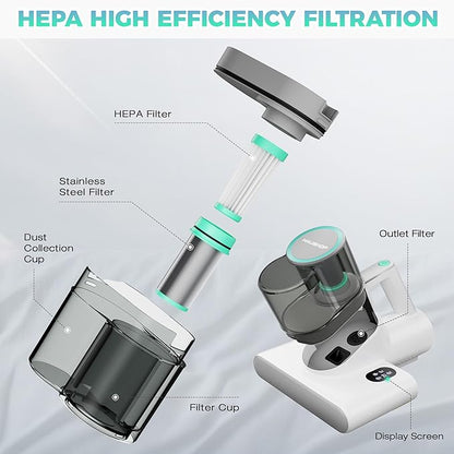 HAUSHOF Mattress Vacuum Cleaner, 16 Kpa Bed Vacuum Cleaner with 275nm UV-C Light, 140°F Heat, Ultrasonic, HEPA Filter, Dual Dust Cups, Versatile Handheld Vacuums for Bed, Sofa, Couch, Crib