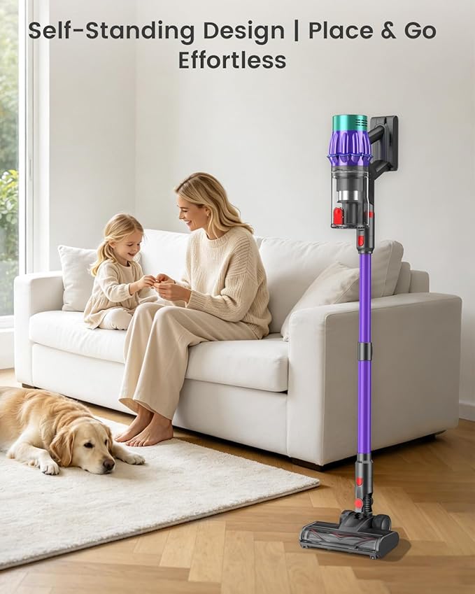 Cordless Stick Vacuum Cleaner, 650W 55KPA Up to 70Min Runtime, Green Light Anti-Tangle Brush, 7-Stage HEPA Filtration, Lightweight for Pet Hair Carpet Hard Floors (Purple)