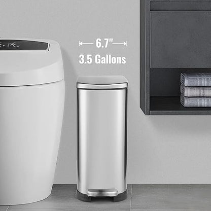 SYNCVIBE Bathroom Trash Can with Soft-Close Lid 3.5 Gallon Stainless Steel Garbage Can with Removable Inner Bucket Slim Trash Bins for Bedroom, Office (Silver)