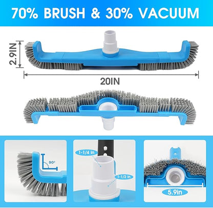 TidyMister 20" 2 in 1 Pool Brush Vacuum Head with Swivel Hose Connection & Sturdy Nylon Bristles for Heavy Duty Inground & Above- Ground Pool Cleaning - Connecting 1-1/4" or 1-1/2" Hose (No Pole)