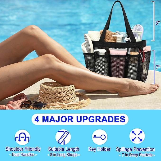 Fammart Mesh Shower Caddy Portable for College Dorm Room Essentials, 8-Pocket Large Shower Basket Tote Bag with 2 Handles for Toiletry, Bathroom, Beach, Camp, Gym