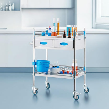 VEVOR Stainless Steel Utility Cart, 2 Layers with Two Lockable Wheels, Ideal for Laboratory, Hospital, Dental Use