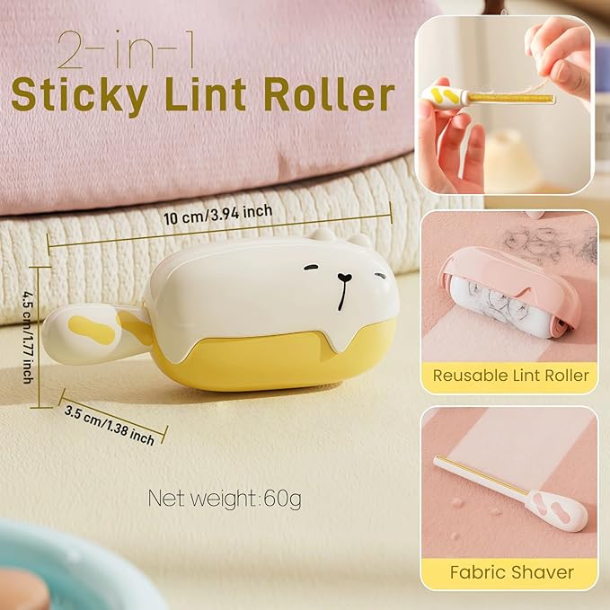 Bear Shaped Lint Roller - Washable & Reusable Sticky Roller with Strong Adhesion for Pet Hair Lint Dust Removal on Clothes Sofa Car Includes Fabric Shaver Travel Size (1, Pink)