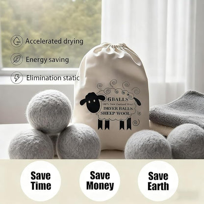6 Pack Wool Dryer Balls Laundry Reusable Anti Static, Cotton Balls Wool Laundry Balls for Dryer Reduces Clothing Wrinkles Natural Fabric Softener Last 1000+ Loads (Grey, 2.75 in/7 cm)