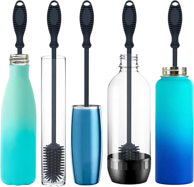 Kitchiny Silicone Bottle Brush with 2 Straw Cleaners - 12.5” Water Bottle Cleaner Brush for Yeti, Hydro Flask, Owala, Stanley, Baby Bottles, Glassware, Vases & Narrow Neck Containers - Grey
