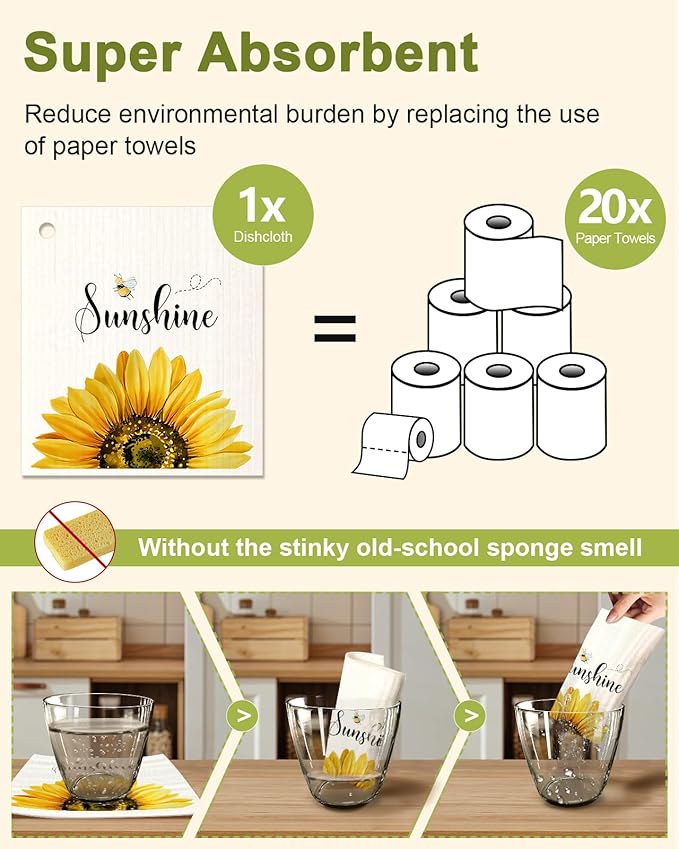 Miss Adola 6 Pack Swedish Dishcloths for Kitchen - Reusable Dish Cloths for Washing Dishes Absorbent Cute Funny Kitchen Towels Cleaning Sponge, Sunflower