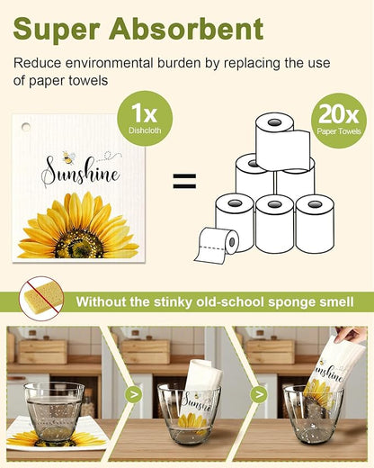 Miss Adola 6 Pack Swedish Dishcloths for Kitchen - Reusable Dish Cloths for Washing Dishes Absorbent Cute Funny Kitchen Towels Cleaning Sponge, Sunflower