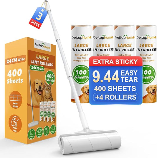 Large Floor Lint Roller with Extendable Long Handle, 9.45" Extra Wide Sticky Roller, 400 Sheets with 3 Refills, Heavy Duty Pet Hair Remover for Floor, Carpet, Couch & Hard-to-Reach Areas