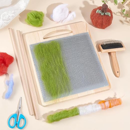 BENECREAT Wool Blending Board Carding Brush Set, 12.5x10.6x0.6inch Fiber Blending Board with 1pcs Wool Brush 2pcs Wood Craft Sticks for Mix Colors, Organize Wool Fibers