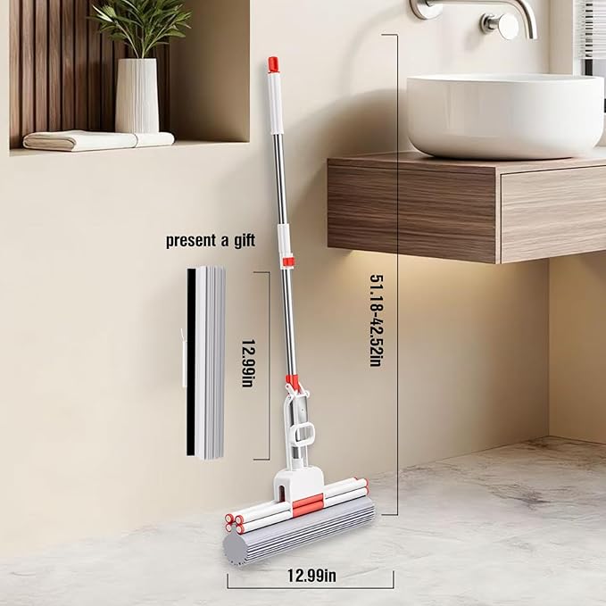 PVA Sponge Mop with Extra 13-inch Replacement Heads, Double-Row Roller Wringing Mop, Stainless Steel Super Absorbent Floor MSuitable for Tile and Solid Wood Floors