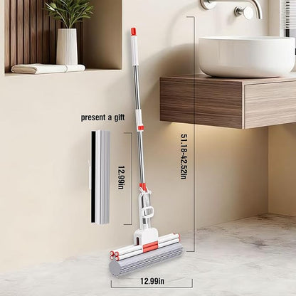 PVA Sponge Mop with Extra 13-inch Replacement Heads, Double-Row Roller Wringing Mop, Stainless Steel Super Absorbent Floor MSuitable for Tile and Solid Wood Floors