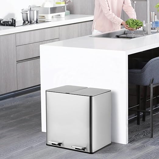Kitchen Trash Can, 2x4 Gallon Rectangular Kitchen Waste Bin, Dual Separate Compartment Recycle Bin with Removable Plastic Inner Buckets, Soft Step-on with Lid