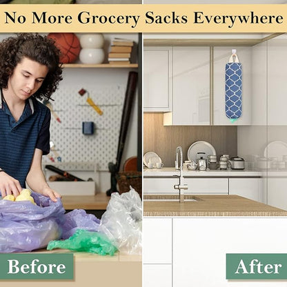 Plastic Bag Holder, Washable Grocery Bag Holder for Plastic Bags, Strong Plastic Bag Storage Dispenser with Hanging Loop, Wall Mount Trash Bag Dispenser for Home Kitchen Cabinet (Navy Blue)