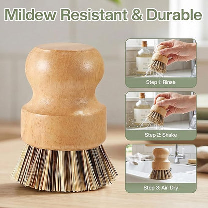 Wooden Dish Brush with Metal Stand Handheld Bamboo Wok Brush Scrubber for Dishes Pans Pots Fruit and Veggie Washing(1,Beige Brown)