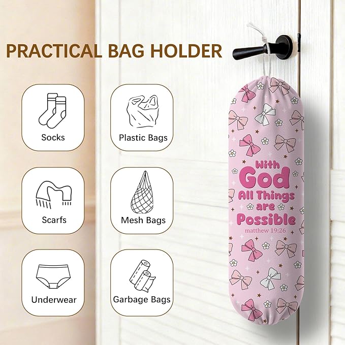 Pink Bow Plastic Bag Holder, Wall Mount Organizer for Reusable Canvas Grocery Bags, Decorative Home Kitchen Pantry Decor Hanging Bag Dispenser, Christian Shopping Bags Storage Dispenser