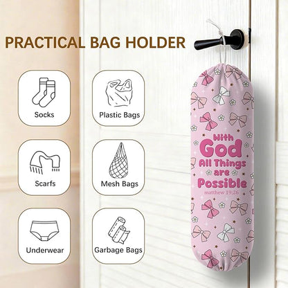 Pink Bow Plastic Bag Holder, Wall Mount Organizer for Reusable Canvas Grocery Bags, Decorative Home Kitchen Pantry Decor Hanging Bag Dispenser, Christian Shopping Bags Storage Dispenser