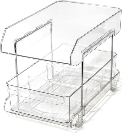 BINO 2 Tier Clear Storage Organizer with Dividers | Bottom Slide Out Drawer for Under Sink, Medicine Cabinet | Bathroom Closet, Vanity, Pantry Organizer | Under Cabinet Storage for Bathroom & Kitchen