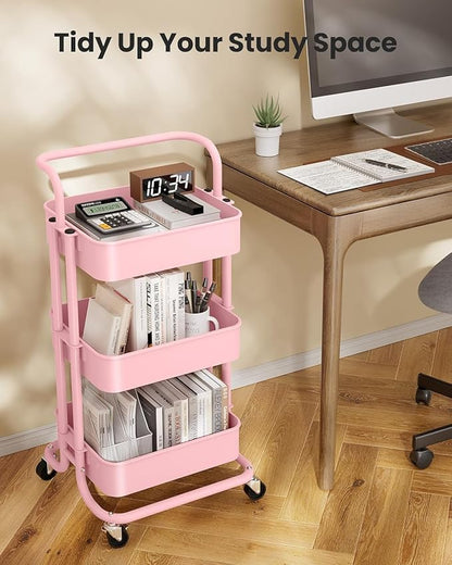 Pipishell 3 Tier Mesh Utility Cart, Rolling Metal Organization Cart with Handle and Lockable Wheels, Multifunctional Storage Shelves for Kitchen Living Room Office Pink