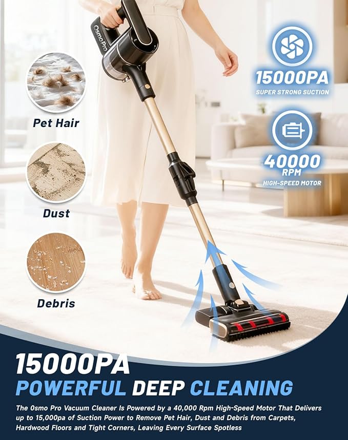 Vacuum, Osmo Provacuum – 15000pa Powerful Suction, 140° Wide-Green Light Dust Reveal, Folding Vacuum Cleaner, Anti-Tangle Roller, LED Display Vacuum & Mop 2-in-1 Whole House Cleaning(Black)