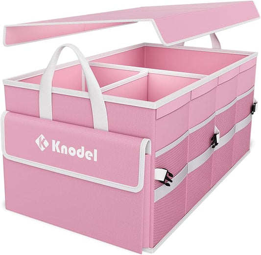 K KNODEL Car Trunk Organizer with Lid, Collapsible Car Trunk Storage Organizer, Car Organizer and Storage for SUV, Truck, Sedan (Medium, Pink)