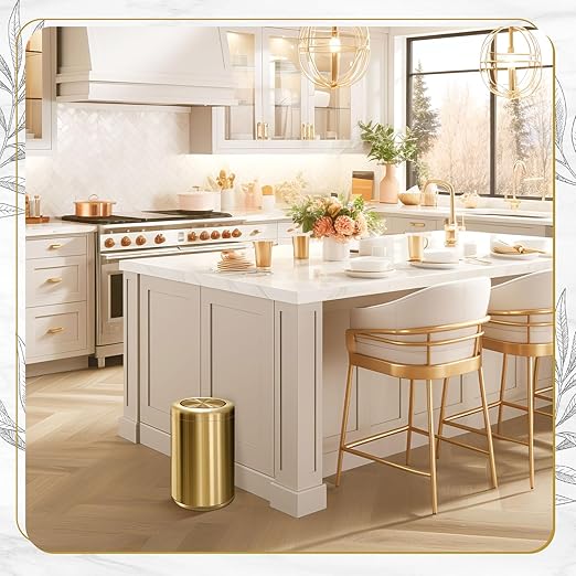 Maxdot 2 Pcs Small Gold Bathroom Trash Can with Flipping Lid and Toilet Brush Set 2.6 Gal/10 L Stainless Steel Garbage Can for Office Living Room Kitchen Bedroom Hotel, Toilet Brush with Holder